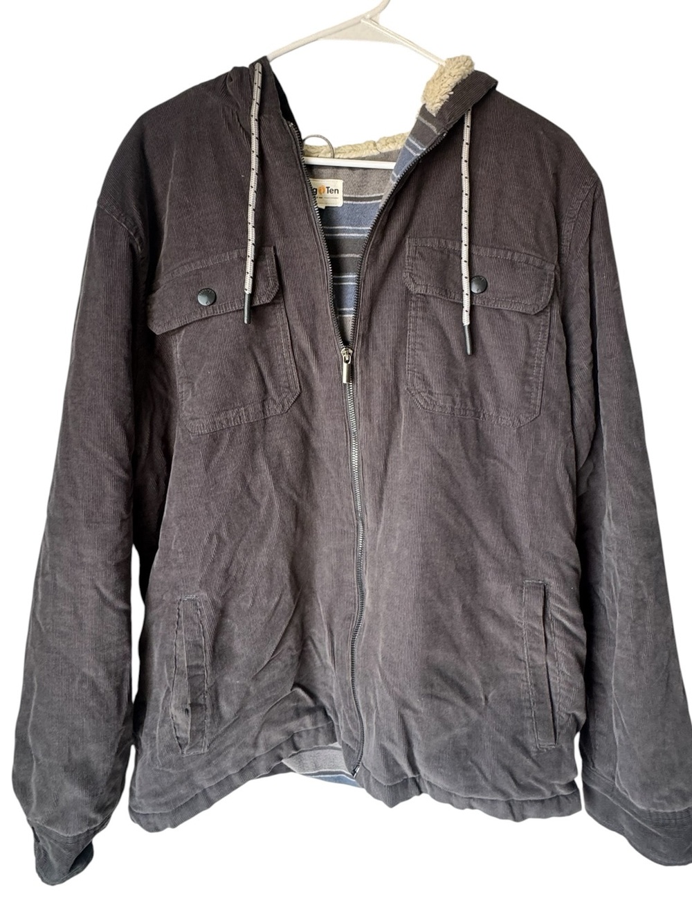 Hang Ten Gray Corduroy Hoodie Surf Sherpa Lined Jacket Men’s L MINTY